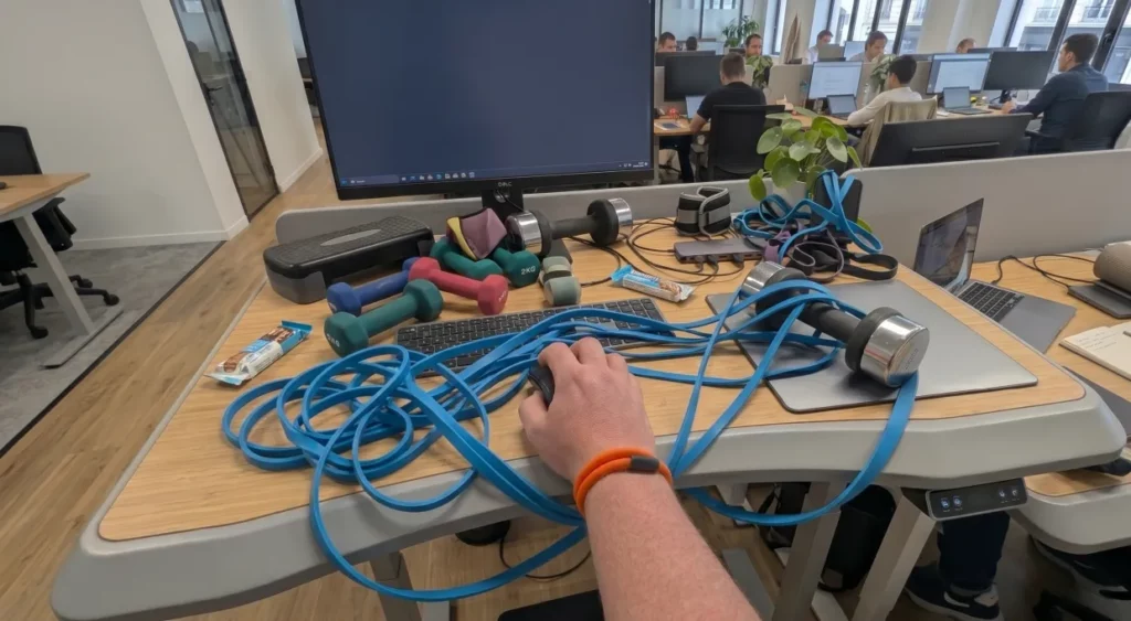 Bureau encombré d'accessoires de musculation avec l'Exoring discret au poignet – disponible immédiatement