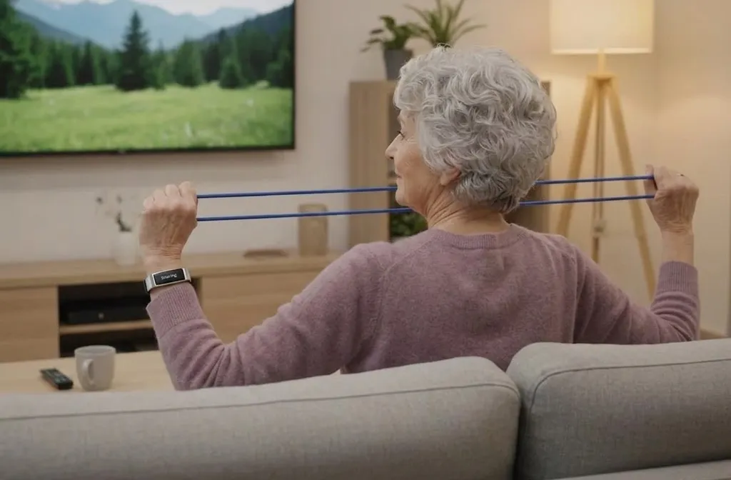 Femme senior pratiquant un exercice de renforcement musculaire avec un bracelet connecté Exoring devant sa télévision.