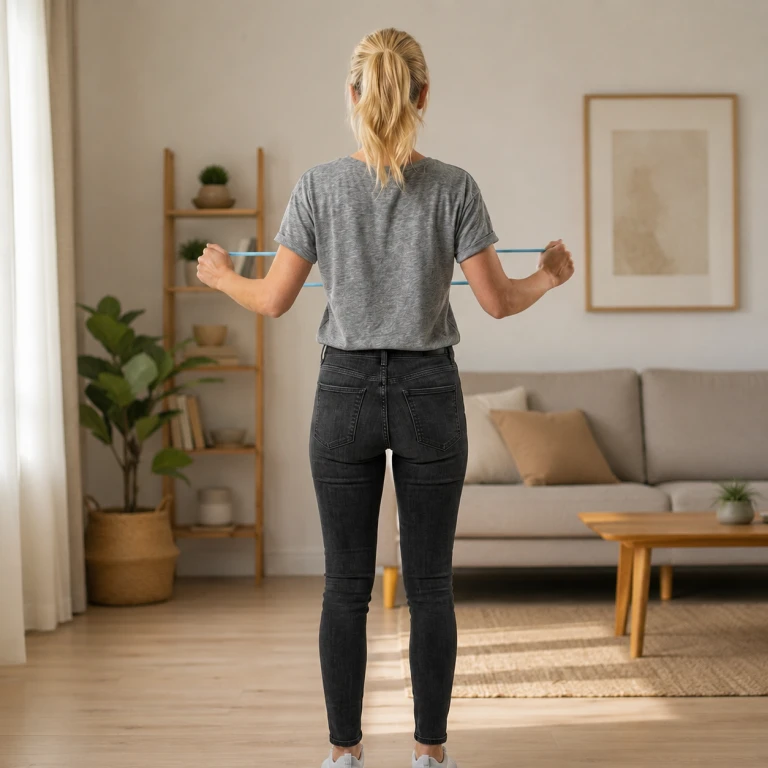 Femme de dos, exercice d'étirement des bras avec l'Exoring Care bleu au salon