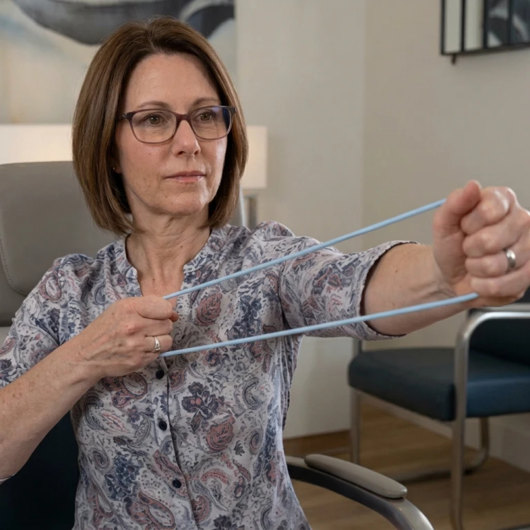 Femme senior assise, exercice des bras avec l'Exoring Care bleu