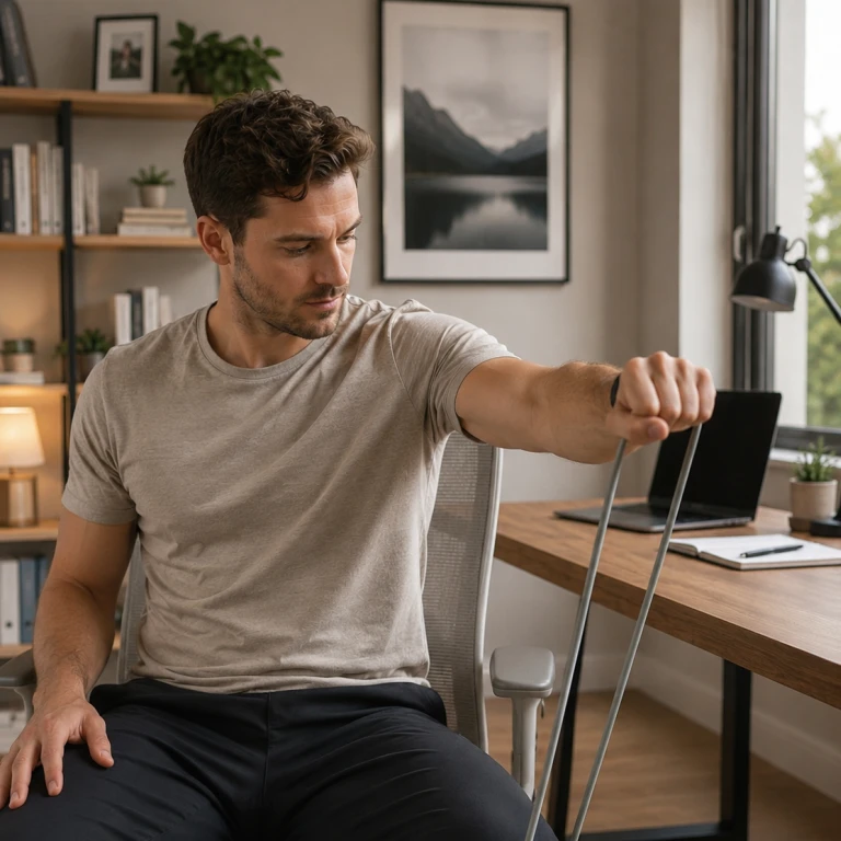 Homme à son bureau, exercice d'étirement du bras avec l'Exoring Care gris