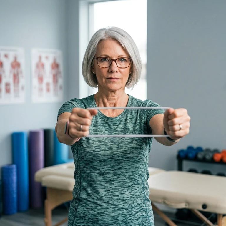 Femme senior en cabinet de kinésithérapie, exercice d'étirement des bras avec l'Exoring Care gris