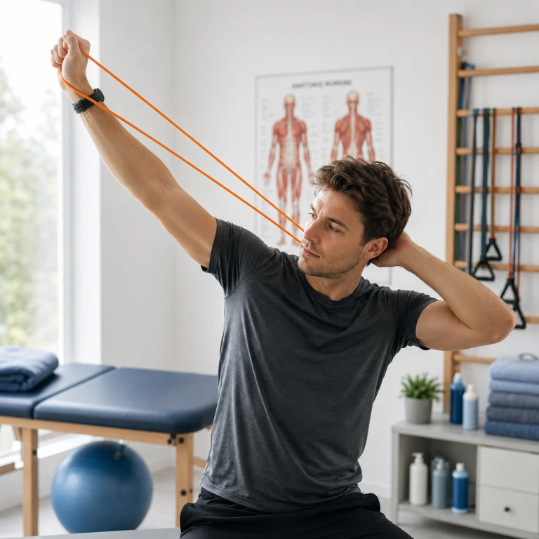 Homme en salle de kinésithérapie, exercice d'étirement du bras avec l'Exoring Care orange