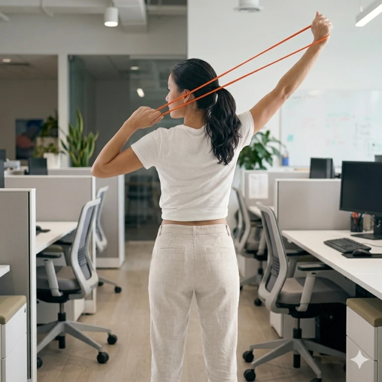 Femme de dos en open space, étirement des bras au-dessus de la tête avec l'Exoring Care orange