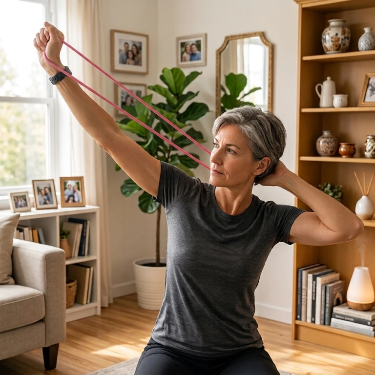 Femme senior au salon, exercice d'étirement du bras avec l'Exoring Care rose
