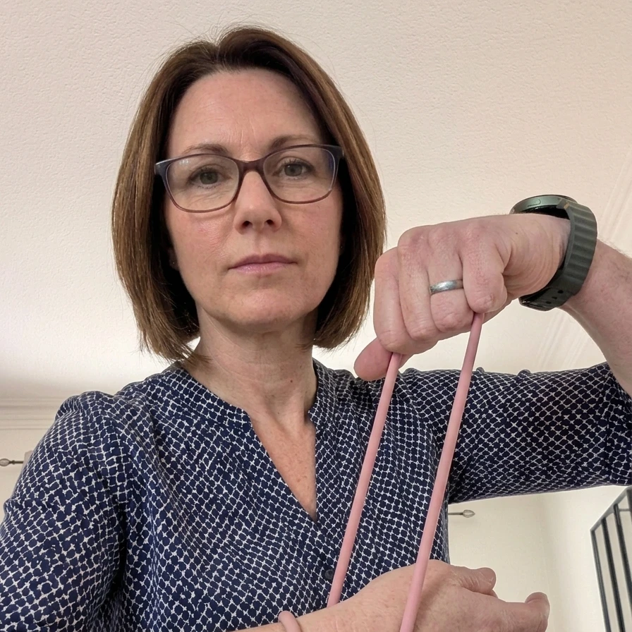 Femme en gros plan, exercice des bras avec l'Exoring Care rose