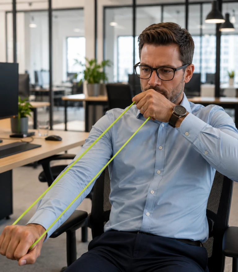 Homme en open space, exercice d'étirement du bras avec l'Exoring Care vert