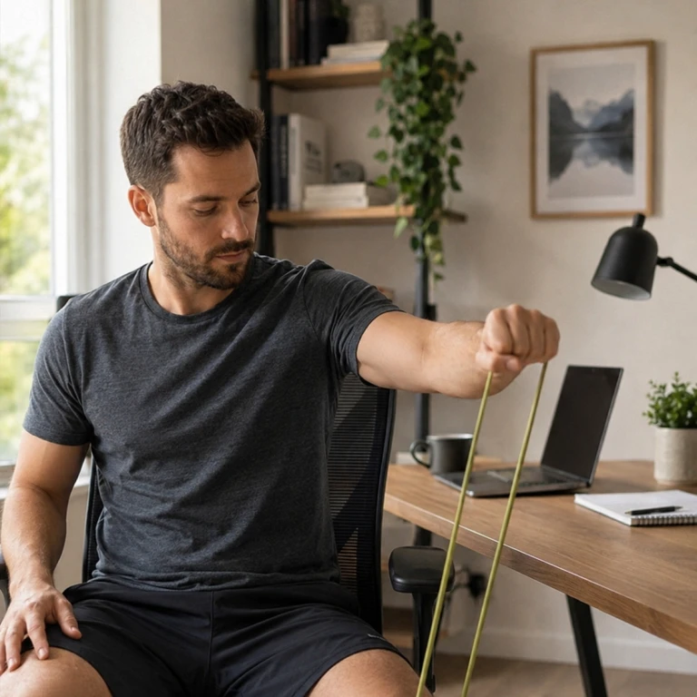 Homme à son bureau à domicile, exercice d'étirement du bras avec l'Exoring Care vert