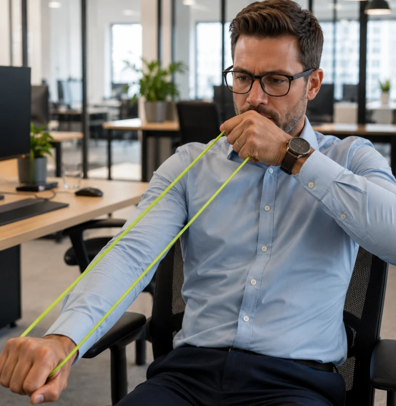Homme à son bureau, exercice d'étirement du bras avec l'Exoring en micro-session
